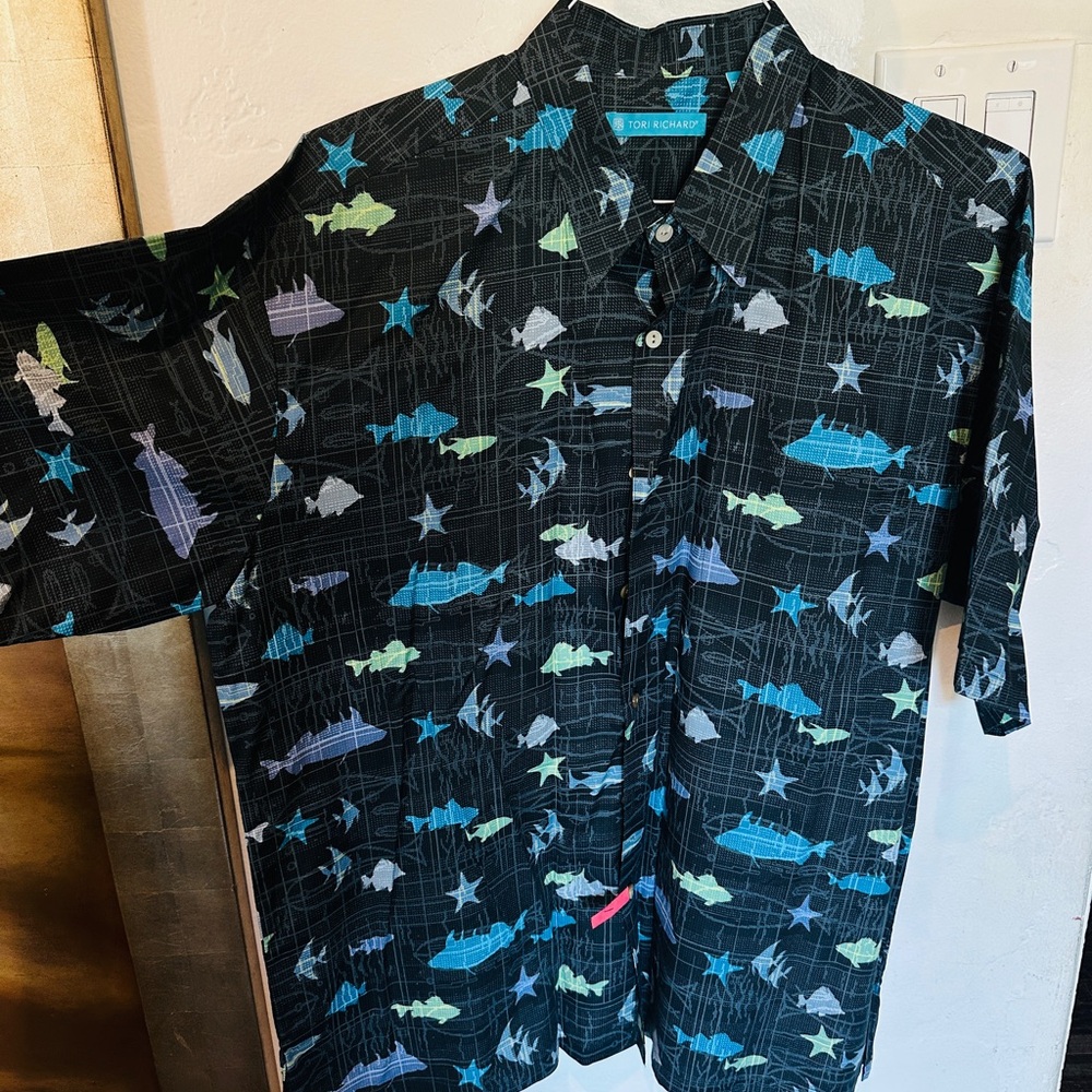 Tori Richard Black Shirt with Blue and Yellow Accents